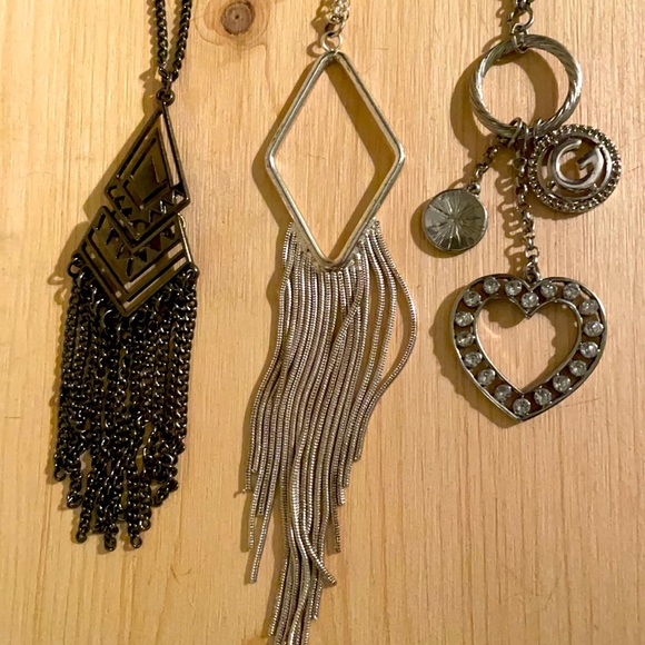 3 Long Silvertone Pendant Necklaces - Picture 3 of 5